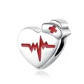 Detailed close-up of a silver heart-shaped nurse charm with a red heartbeat line. - Heart Nurse Hat Pendant (#11)