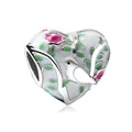 Heart-shaped silver enamel bead featuring bird and pink flower motifs for DIY charm bracelets - Bird (B-8)