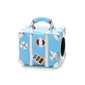 Blue enamel suitcase charm bead with airplane and clover motifs for travel bracelets - Blue Suitcase Style (B-21) / 5 Pieces Pack