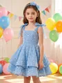 Elegant light blue sequin girls party dress with mesh shoulder bows for special occasions - 4-5Y / Dresses / Light Blue