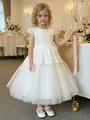 Elegant white lace flower girl dress with layered tulle skirt and bow for special events - 4-5Y / Dresses