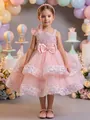 Detailed full view of pink sequined tulle flower girl dress with elegant tiered skirt - 4-5Y / Dresses / Light Pink
