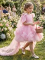 Elegant pink mesh flower girl dress featuring a one-shoulder design and a long ruffled train - 4-5Y / Dresses / Pink