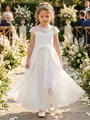 Elegant white flower girl dress with lace bodice and chiffon skirt in garden setting - 4Y / Dresses / White