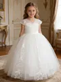 Intricate white lace applique and layered tulle detail on elegant flower girl dress - 4Y / Dresses / White