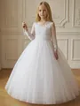 Elegant white lace flower girl dress with long sheer sleeves and tulle skirt detail - 4Y / Dresses / White