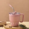 Rosafarbener 304 Edelstahl-Kaffeebecher mit Griff und Metallstrohhalm-Detail - 480ml / Prinzessinnenrosa