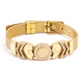 Gold mesh strap bracelet featuring rhinestone heart with Best Friend engraving. - Gold Round Stone Halo Style (#22)