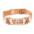 Rose gold mesh bracelet featuring rhinestone pavé heart and bow charms engraved BEST FRIEND - Rose Gold Bowknot Heart Style (#38)