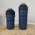 Two sizes of blue insulated stainless steel sports water bottles with practical handles - 500ml / Blue
