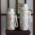 Elegant silver insulated water bottles with 3D floral lily prints and carrying straps - White