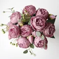 Dettaglio ad alta definizione di peonie artificiali rosa realistiche e foglie verdi - Set di 2 Rami / Viola