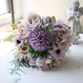 Detailed view of artificial pink tea roses and purple daisy bouquet for home decor - Purple
