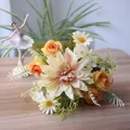 Detail of artificial dahlia rose daisy bouquet with realistic silk petals and leaves - Orange