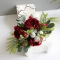 Exquisite deep red artificial peony bouquet with green foliage for Nordic home decor - Red