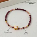 Bracciale di perle in granato naturale e rodocrosite con ciondolo quadrato dorato - Bracciale Granato Rodocrosite / Circonferenza della Mano 15cm