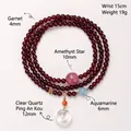 Pulsera de múltiples vueltas de granate natural con cuarzo rosa y dije de hebilla de cristal. - Hebilla de la Paz de Cristal de Cuarzo / Diámetro de Perla 4mm / Rojo Oscuro
