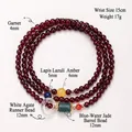 Pulsera de varias vueltas de granate natural con detalles de jade y ágata - Cuenta de Barril de Jadeíta Agua Azul / Diámetro de Perla 4mm / Rojo Oscuro