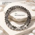 Elegante zwarte rutilated kwarts armband met zilveren rijstvormige kralen - Natuurlijk Zwart Rutielkwarts Dubbele Lus Armband / 4MM Kraaldiameter