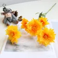 Macro view of 5-head yellow artificial chrysanthemum flowers with soft petal details - Yellow