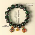 Bracelet exquis en perles de verre de cendres d'encens vert foncé avec breloques dorées - Famille de Bête Tunjin Verte / 14mm