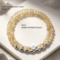 Élégant bracelet double rang en quartz rutile doré naturel orné de perles d'accentuation argentées - Bracelet Double Boucle Quartz Rutilé Doré / Diamètre des perles 4MM