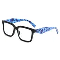 Gedetailleerd zijaanzicht van vierkante leesbril met blauwe marmerpatroon pootjes. - +1.00 Dioptrie / Blauwe Bloemen Stijl (2225) / Zwart Frame Blauwe Poot