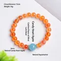 Bracelet en perles d'agate cœur de sucre orange naturel avec perle d'aigue-marine pour femme - Perles de 8mm (Circonférence 15cm) / Style Agate Aigue-Marine