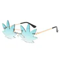 Unique maple leaf shaped rimless novelty sunglasses for parties and festivals, blue. - Gold Frame Gradient Green