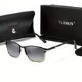 Detail view of men's square business polarized sunglasses with premium case box - With Jewelry Box / Black Gold Frame Gradient Gray Lens