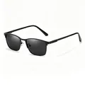 Macro view of black square frame business polarized sunglasses for men with UV protection. - Black Frame Grey Lens