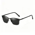 Detail view of square business polarized sunglasses with elegant silver metal accents - Black Silver Frame Black Grey Lens