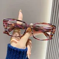 Close-up detail of stylish retro leopard print reading glasses with anti-blue light - +1.00 Degree / Purple Stripe Frame