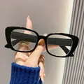Close-up detail of retro black rectangular frame reading glasses with clear lenses - +1.00 Degree / Black Frame