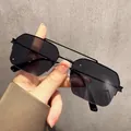 Classic black double-bridge sunglasses with a vintage metal square frame design. - Black Frame Grey Lens