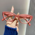 Detailopname van een modieuze retro cat-eye leesbril met roodachtig montuur en anti-blauwlichtglazen - +1.00 / Roze Frame