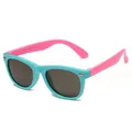 Kids polarized silicone sunglasses with pink and blue frames and silver rice nail accents - Blue Frame Pink Legs