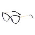Lunettes anti-lumière bleue œil de chat noires stylées avec branches en métal doré - Monture Noire Verres Transparents