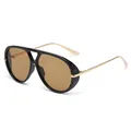 Retro oversized aviator sunglasses with double bridge and gold temples for UV protection - Shiny Black Frame Tea Lens