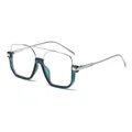 Oversized square blue light glasses with green lower frame and silver double bridge - Green Silver Frame Clear Lenses