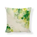 Detailed close-up showing the green four-leaf clover pattern on linen textured pillow case - Watercolor Clover Butterfly Style (9855-5) / 18x18 Inch