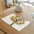 Close-up detail of a vibrant floral tree pattern on a white linen-textured placemat for home decor - 生命之树花卉款式(7823-6) / 32*45cm