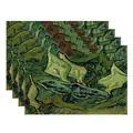 Detailed view of washable linen placemats featuring a Van Gogh style botanical moth print - Green Leaves and Red Berries (7903-22) / 4 Pieces/Pack (32*45cm)
