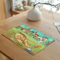 Detail view of linen placemat with artistic floral bird illustration on wooden table - 7848-3(艺术飞鸟乡村小镇款) / 32*45cm