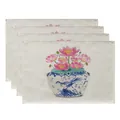 Set of 4 washable linen placemats featuring elegant lotus and blue vase floral design - Lotus and Blue and White Porcelain Vase (7903-23) / 4 Pieces/Pack (32*45cm)