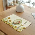 Linen table mat detail showing a cute sleeping cat illustration and sunflowers. - 7848-8(向日葵吊篮小猫睡姿款) / 32*45cm