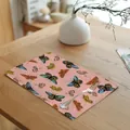 Detail of pink linen placemat with colorful butterfly pattern on wooden table - 7848-9(淡粉背景多色蝴蝶款) / 32*45cm