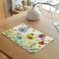 Watercolor spring flower linen placemat on a wooden dining table with fork detail - 7848-12(水彩花朵小蜜蜂款) / 32*45cm