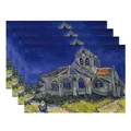 Set of 4 washable linen placemats featuring Van Gogh's Church at Auvers painting - Van Gogh Church at Auvers Oil Painting (7903-12) / 4 Pieces/Pack (32*45cm)