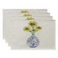 Set of 4 linen placemats featuring sunflower and blue vase print for kitchen dining table - Sunflower and Vintage Porcelain Vase (7903-24) / 4 Pieces/Pack (32*45cm)